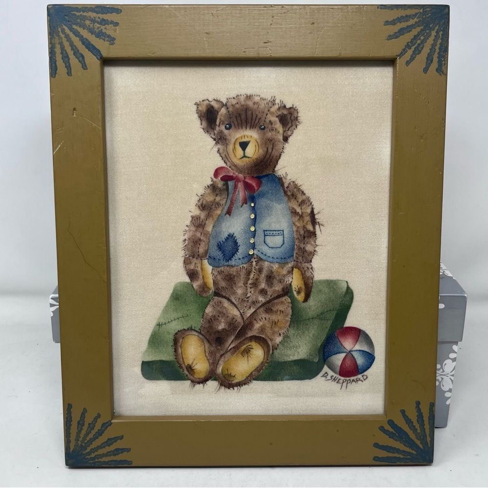 Theorem Painting Folk Art Teddy Bear  Signed Dolores Sheppard 9.5x11.5
